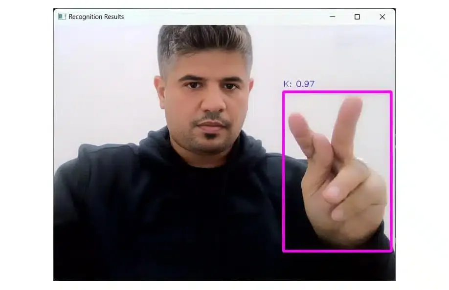 Hombre frente a la cámara hace una seña con la mano. Recuadro resalta el gesto, identificado como la letra “K” en ASL.