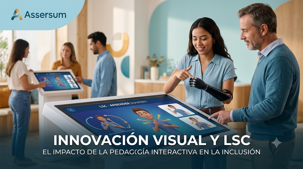 Taller interactivo de LSC con logo de Assersum. Una mujer y un hombre usan una pantalla táctil con animaciones 3D de señas bajo el título "Innovación visual y LSC en la inclusión".